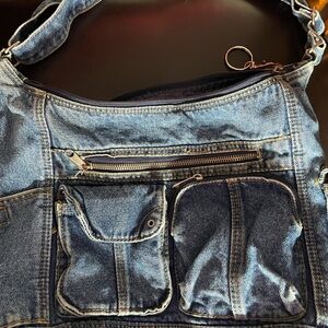 Denim Shoulder Bag with Multiple Pockets